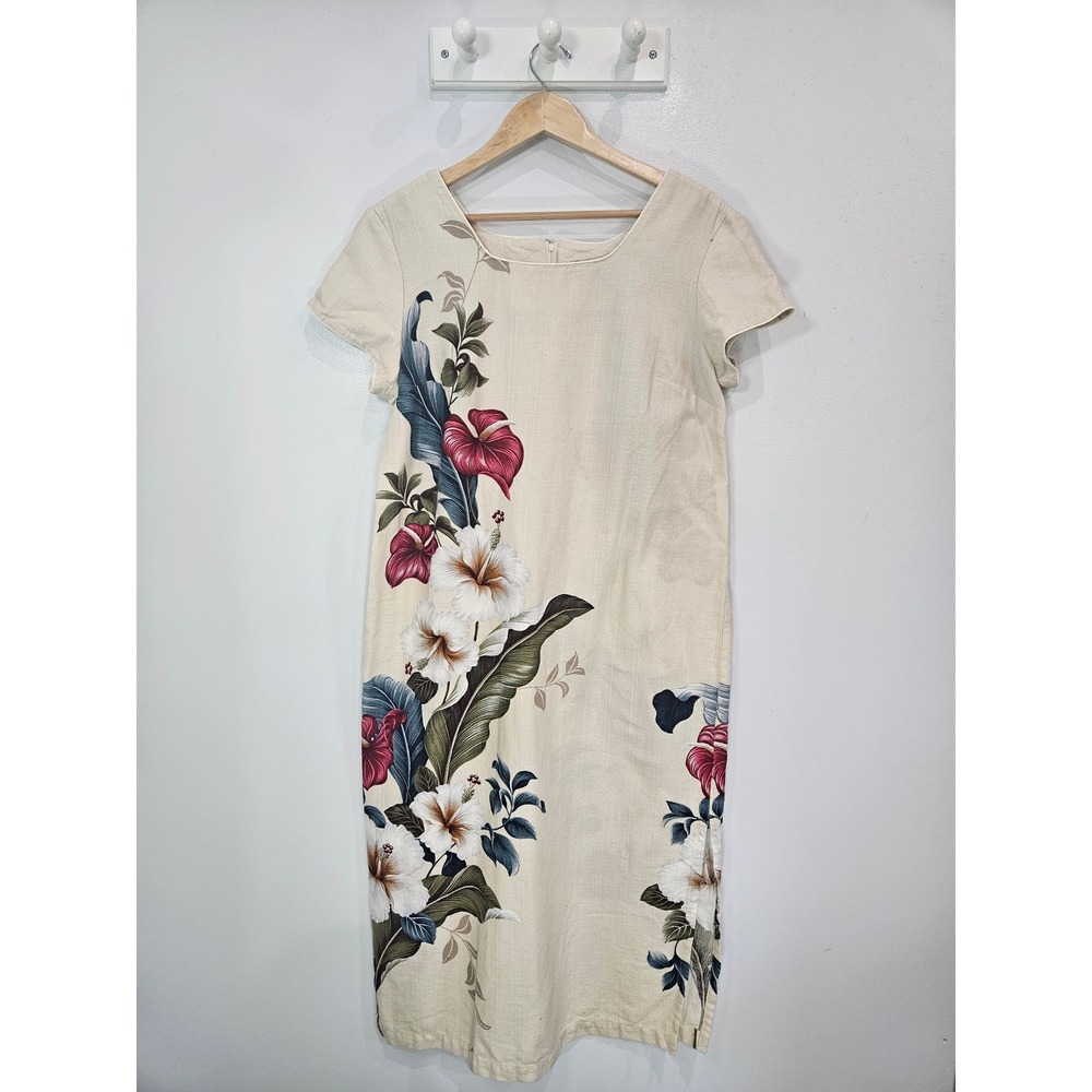 Iolani Hawaiian Floral Midi Dress XL Cream Hibiscus Tropical Sheath Made in USA